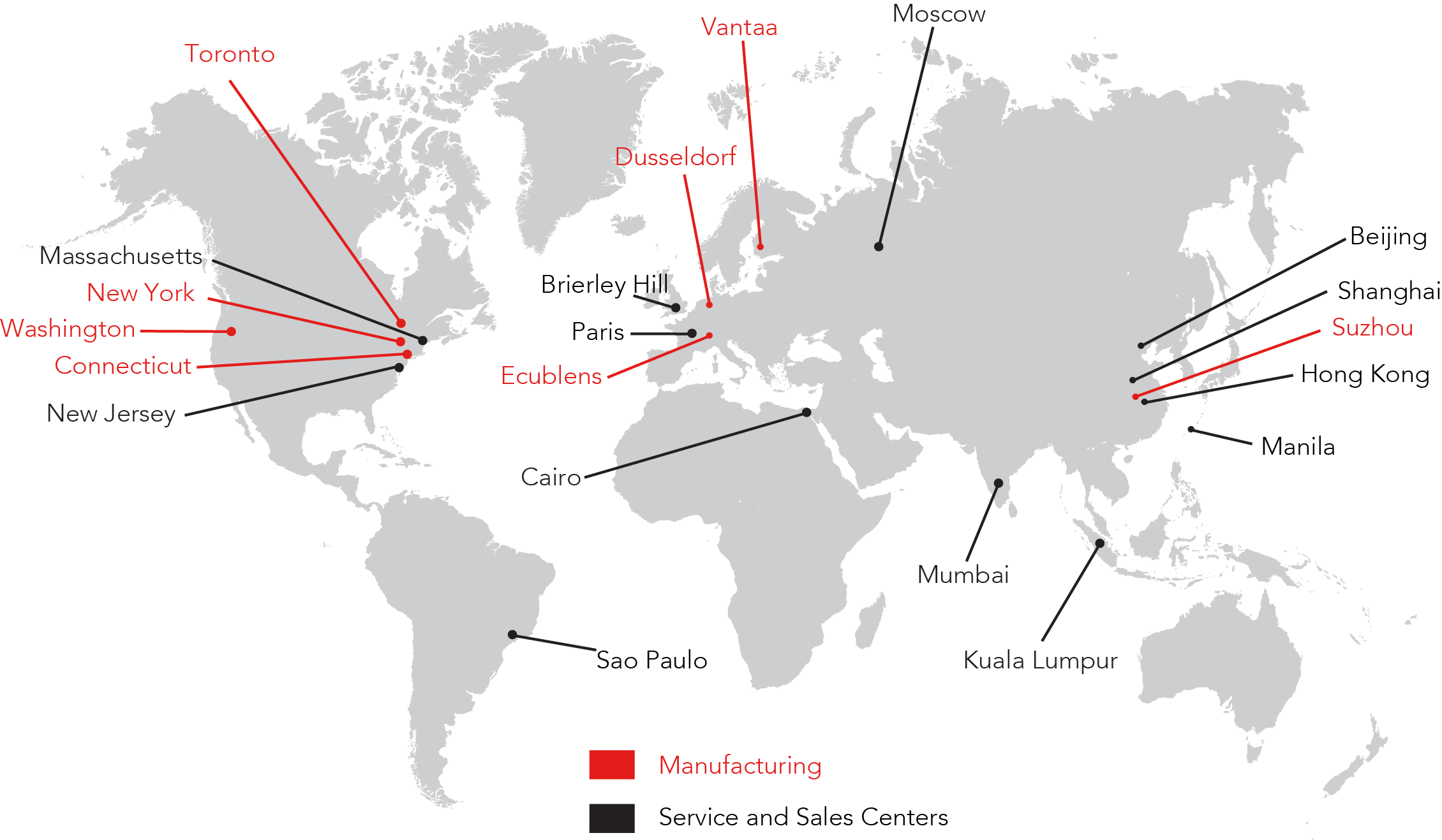 Map showing the manufacturing, sales and service locations for Davis Standard